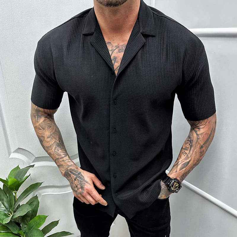 Men's Solid Color Short Sleeve Cardigan Shirt - Casual Button-Up