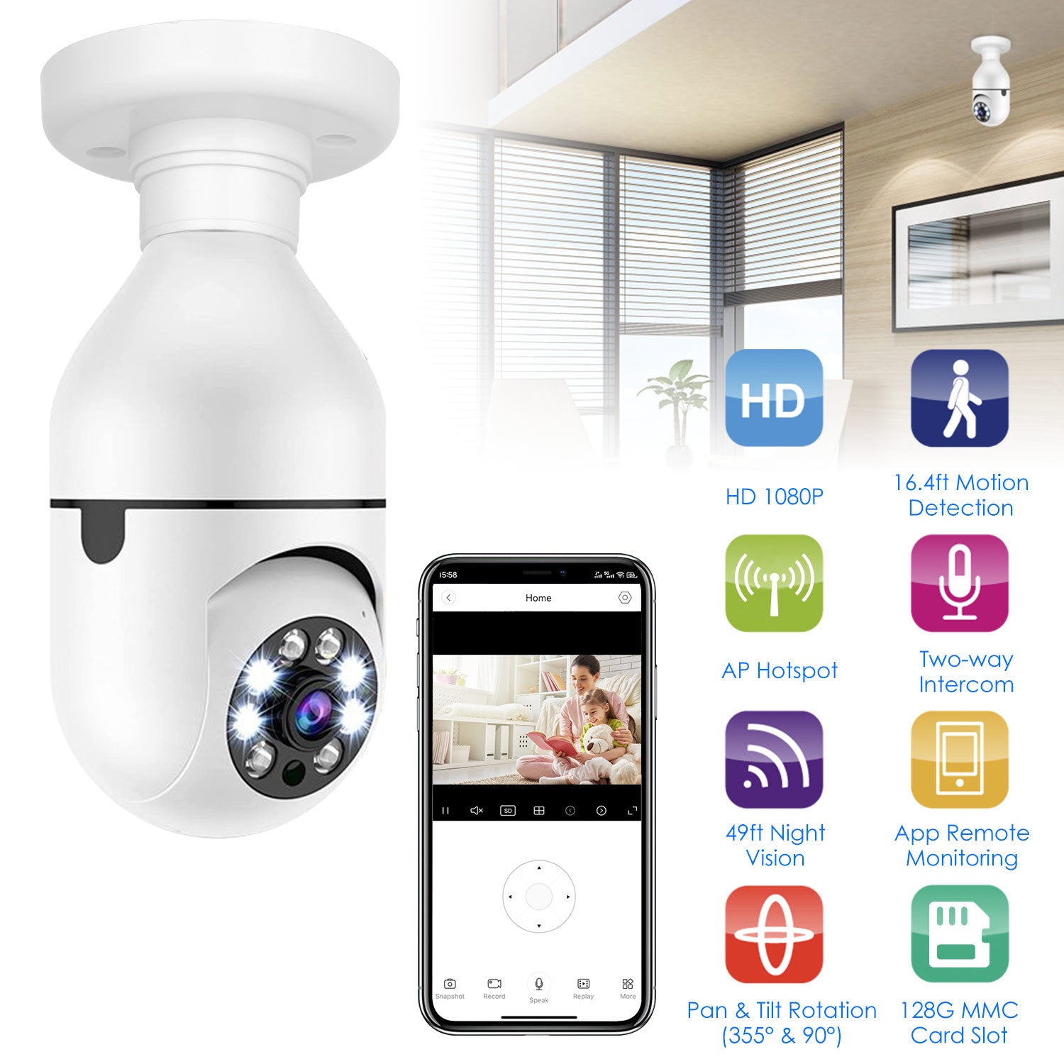 1Pc E27 WiFi Bulb Camera 1080P FHD WiFi IP Pan Tilt Security Surveillance Camera With Two-Way Audio Night Vision Motion Detection Function APP Control - DropOnline.co