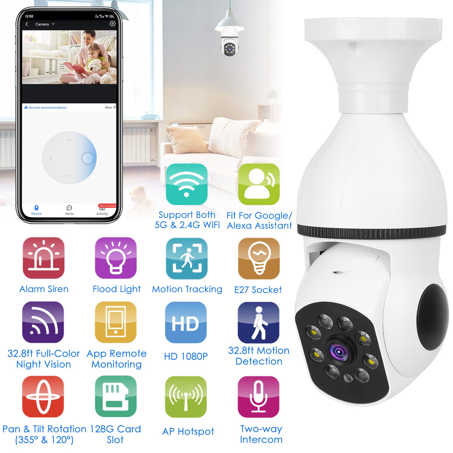 1Pc E27 WiFi Bulb Camera 1080P FHD WiFi IP Pan Tilt Security Surveillance Camera With Two-Way Audio Full Color Night Vision Flood Light Motion Tracking Siren Function APP Control - DropOnline.co