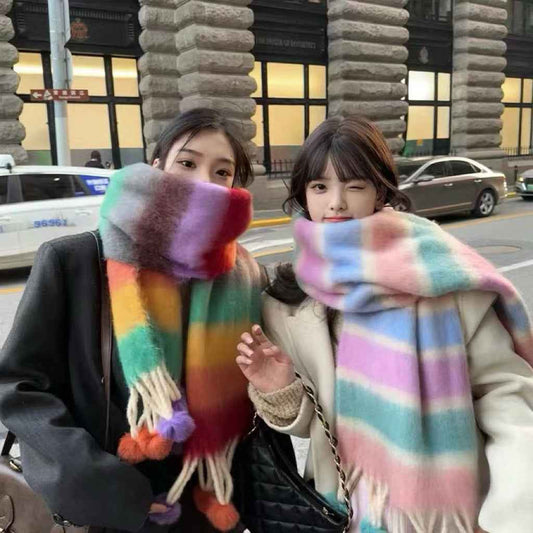 Rainbow Dopamine Mohair Tassel Scarf - Mood-Boosting Colorful Wrap