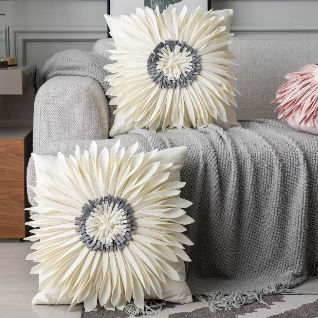 Fashion Modern Style White Throw Pillows Velvet Stitching 3D Chrysanthemum Cushion Waist Pillow Blue Cushion Case - DropOnline.co