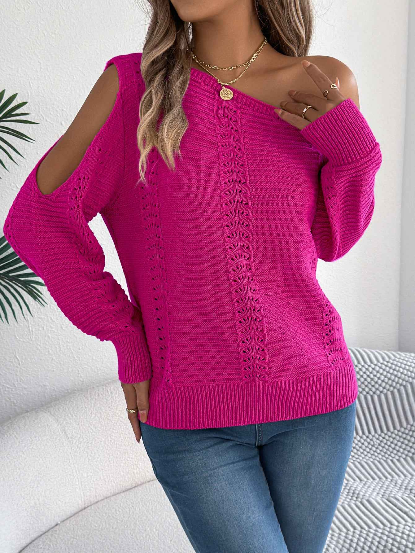 Women Casual Solid Color Hollow Out Off-Shoulder Long Sleeve Pullover Sweater