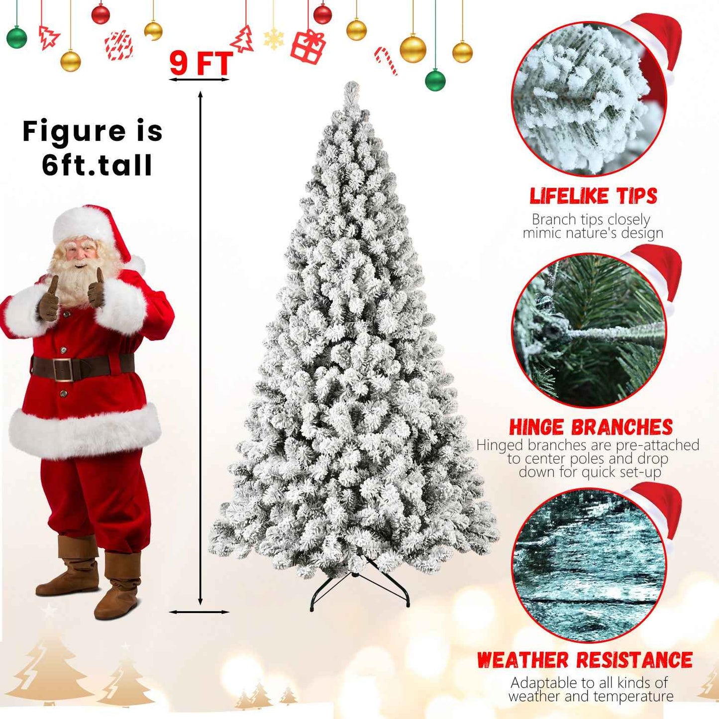 Pre-Lit Flocked Christmas Tree - 5ft-9ft Hinged Artificial Xmas Trees with Lights - DropOnline.co