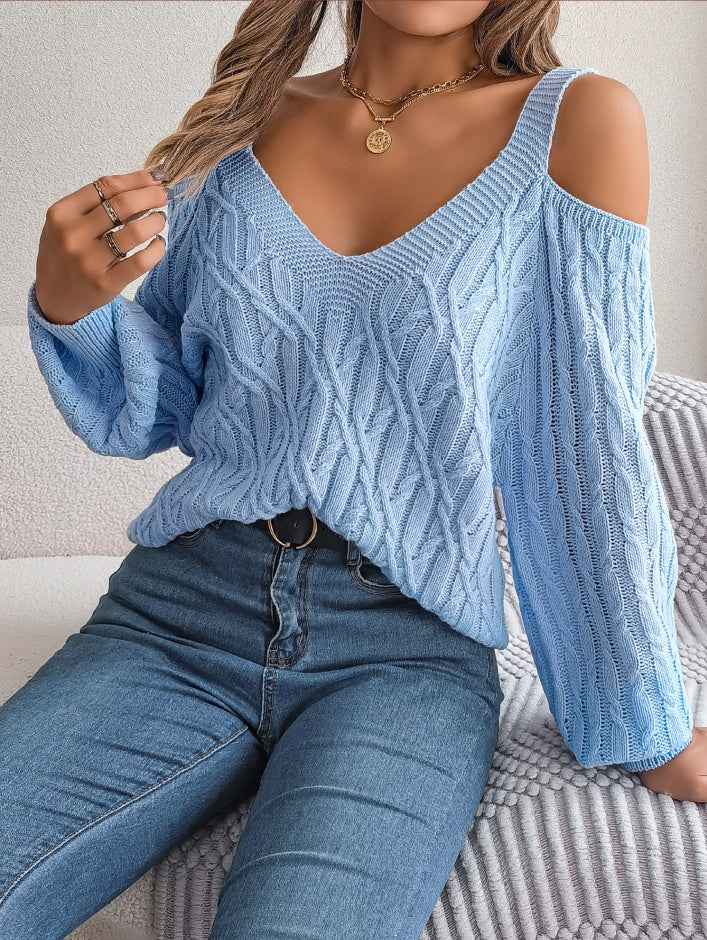 Women Casual Solid Color Cable Knit Off-Shoulder Lantern Sleeve Sweater