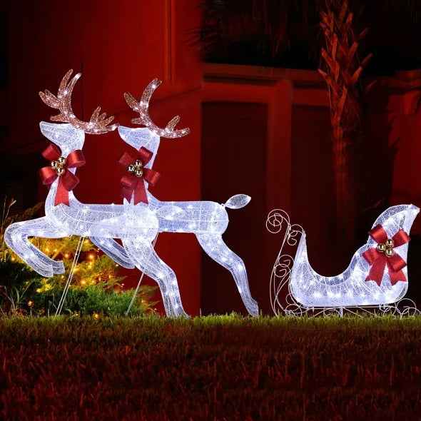 3-Piece Lighted Set - 2 Reindeer & Sleigh with 270 LED White Lights - DropOnline.co