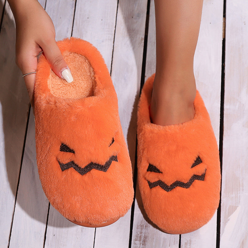 Cute Halloween Pumpkin Slippers Winter Warm Plush Bedroom Floor Home Slippers Casual Slip On Comfortable Cozy Indoor House Shoes - DropOnline.co