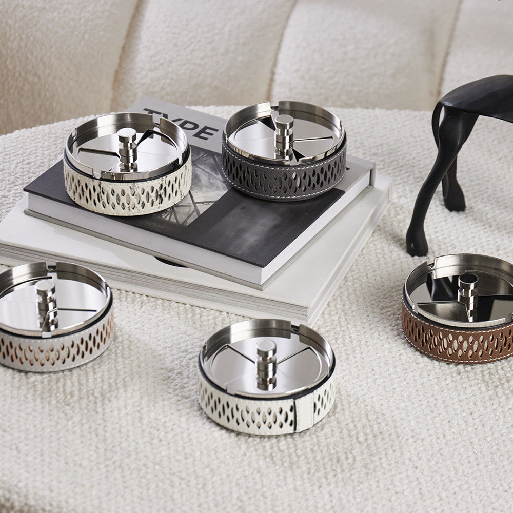 Simple Leather Stainless Steel Ash Tray Living Room Desktop Bedroom Decor - DropOnline.co