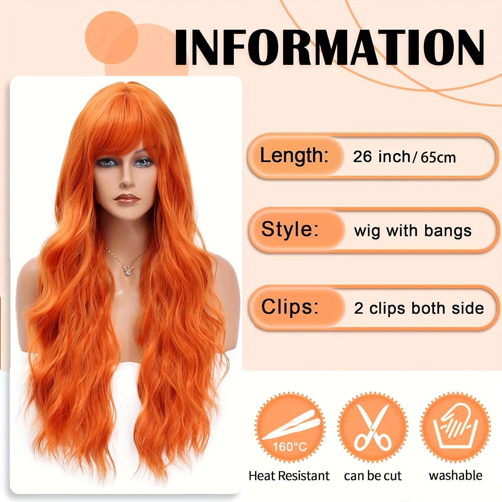 Elegant Long Orange Non-toxic Wig, Synthetic Wavy Hair Wig For Ladies, 28-inch Long Hair, Suitable For The Whole Scene - DropOnline.co