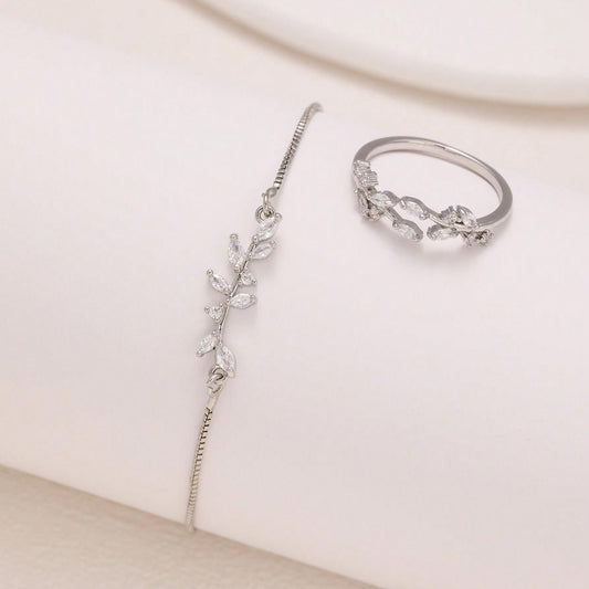 2pcs Fashion Silver Horse Eye Crystal Zircon Leaf Bracelet And Ring,Pulling Bracelet Suitable For Women's Daily Holiday Outfits - DropOnline.co