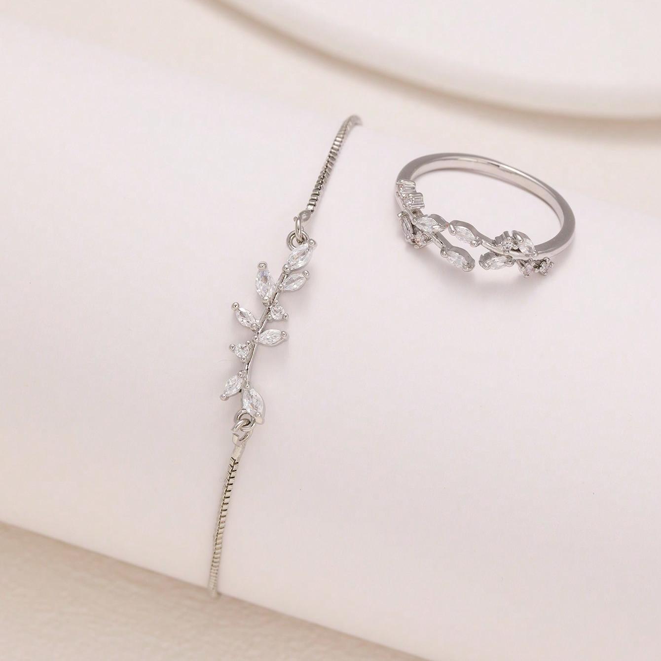 2pcs Fashion Silver Horse Eye Crystal Zircon Leaf Bracelet And Ring,Pulling Bracelet Suitable For Women's Daily Holiday Outfits - DropOnline.co