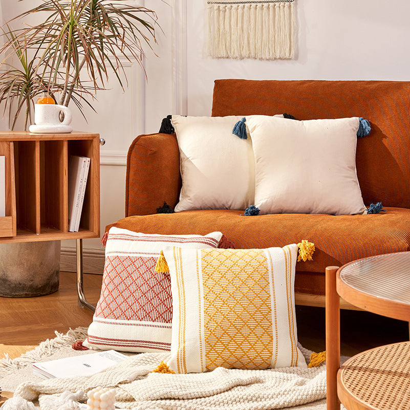 Geometric Woven Jacquard Tassel Cushion Cover - DropOnline.co