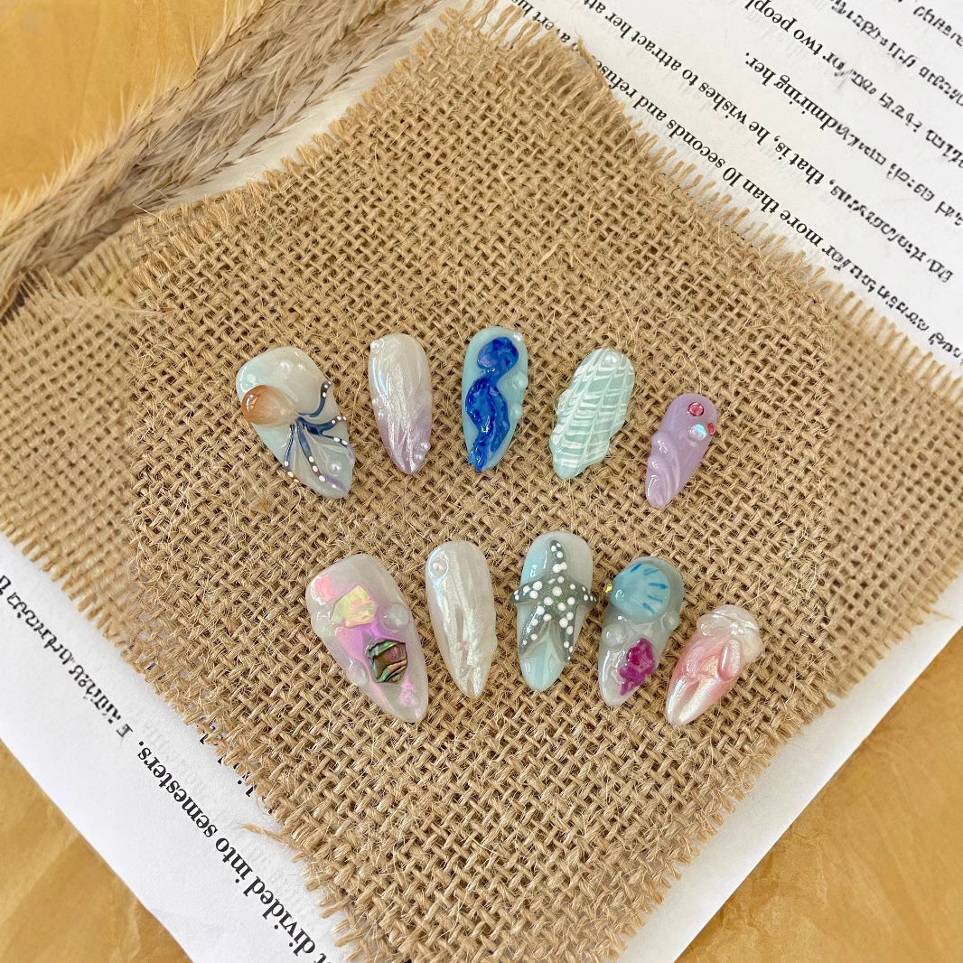 Hand-painted Happy Underwater World White Advanced Long Manicure - DropOnline.co