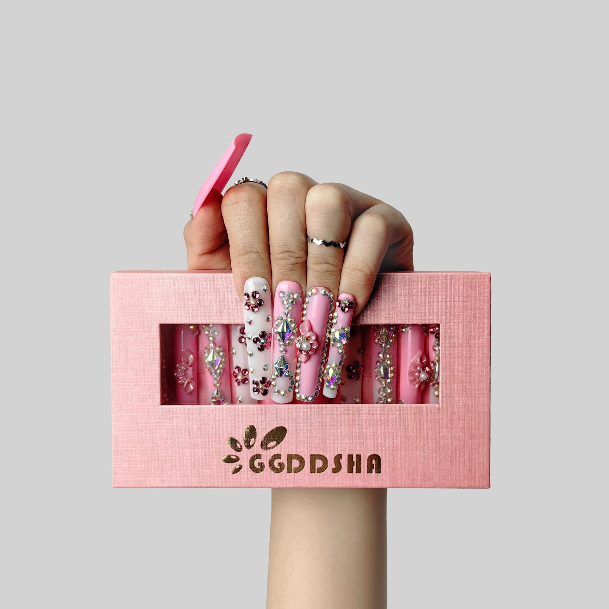 GGddsha 2025 Long Novel Design And Reusable Handmade Nails 10PCS Pmma Acrylic Nails Press OnNails Kit With Box Gifts For Women,Rose Bloom - DropOnline.co