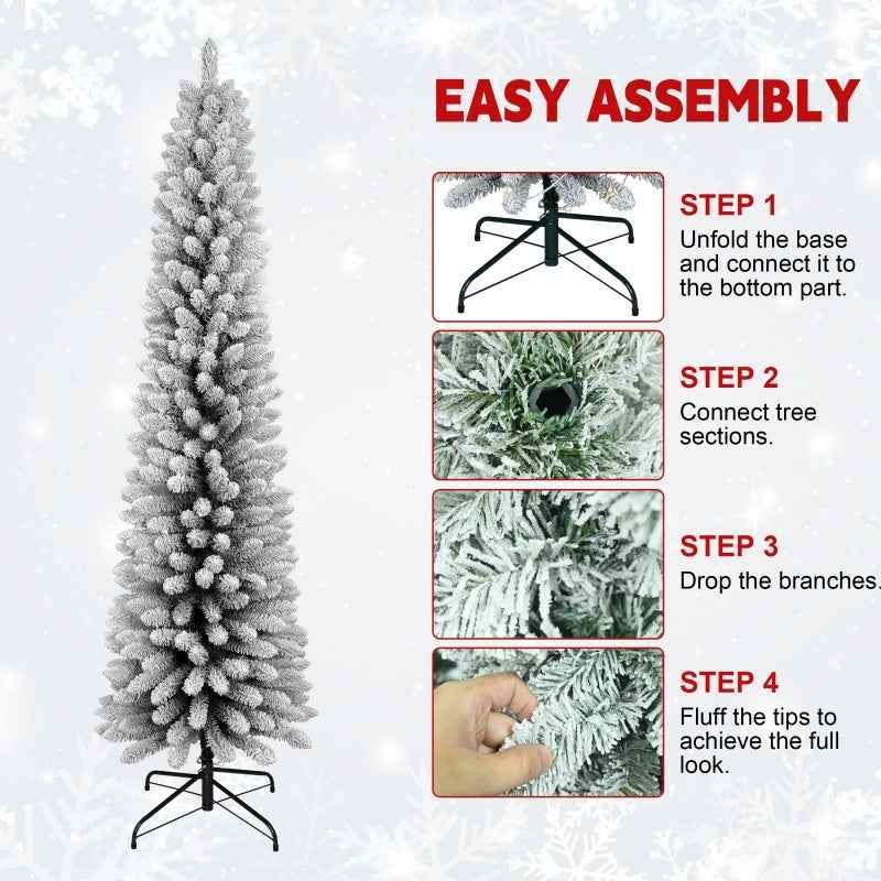 PVC Flocked Pencil Christmas Tree - 6ft-7ft Slim Snow-Covered Design