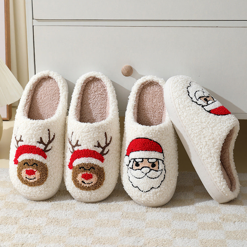 Christmas Home Slippers Cute Cartoon Santa Claus Cotton Slippers For Women And Men Couples Winter Warm Furry Shoes - DropOnline.co