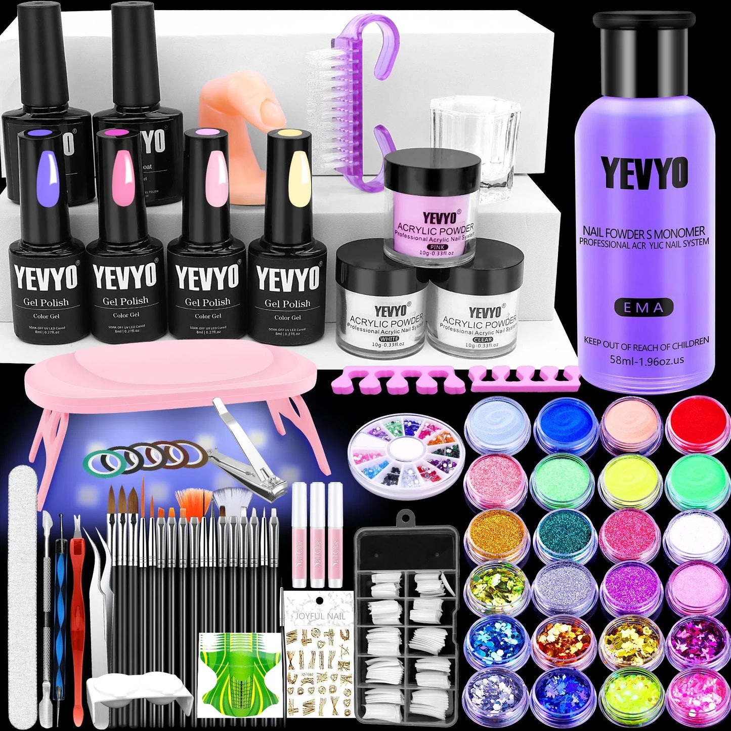Acrylic Nail Kit With UV Light, 4 Colors Gel Polish Kit With 24 Glitter Colors Acrylic Powder Monomer Liquid - DropOnline.co