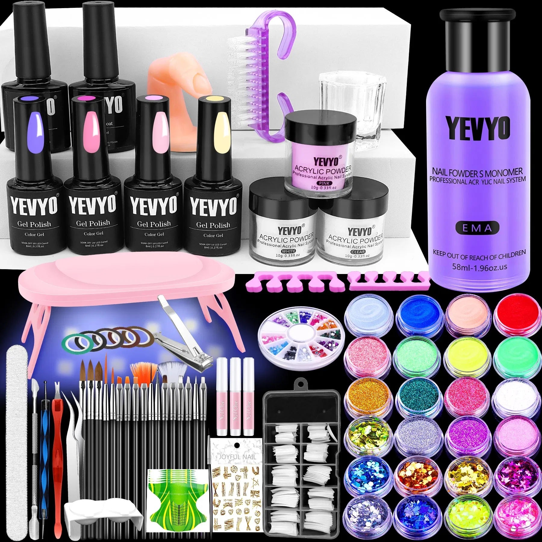 Acrylic Nail Kit With UV Light, 4 Colors Gel Polish Kit With 24 Glitter Colors Acrylic Powder Monomer Liquid - DropOnline.co