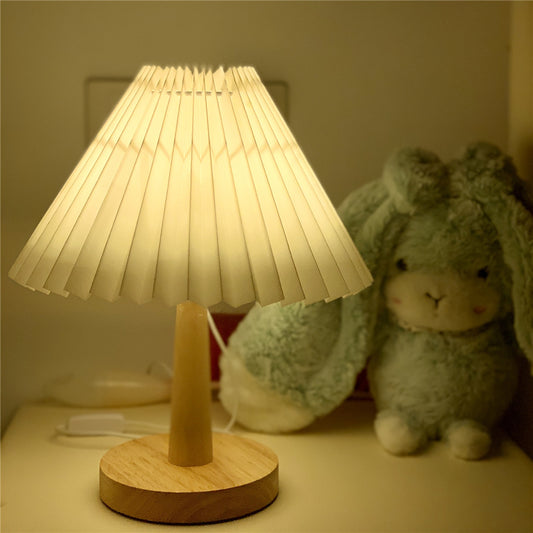 Usb Vintage Pleated Lamp Dimmable Korean Table Light With Led Bead White Warm Yellow For Bedroom Living Room Home Lighting Decor - DropOnline.co