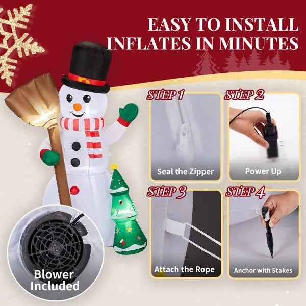 6.2FT Inflatable Snowman Holding Broom - LED Christmas Yard Decoration with Tree - DropOnline.co