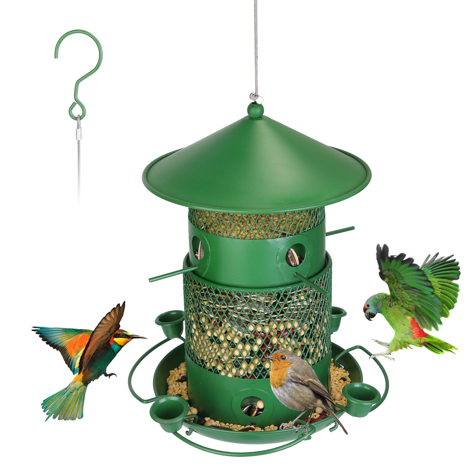 1Pc Wild Bird Feeder Squirrel-Proof Chew-Proof Metal Bird Seed Feeder Outdoor Hanging Bird Feeder With 360 Degree Circular Perches Water Cups For Yard Garden Patio - DropOnline.co