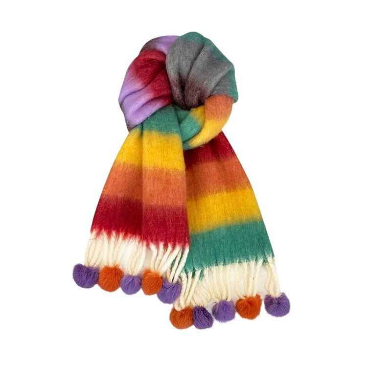 Rainbow Dopamine Mohair Tassel Scarf - Mood-Boosting Colorful Wrap