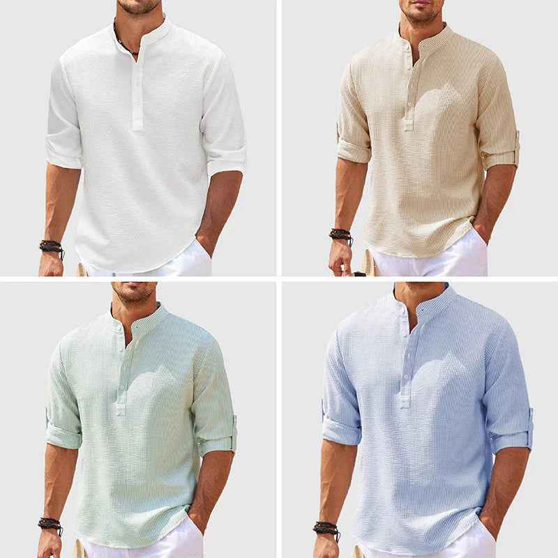 Men's Long Sleeve Stand Collar Shirt - Solid Color Casual Button-Up