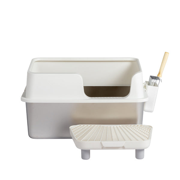 Stainless Steel With Plastic, Buckle Style With Shovel, Foot Pad, White Litter Box - DropOnline.co