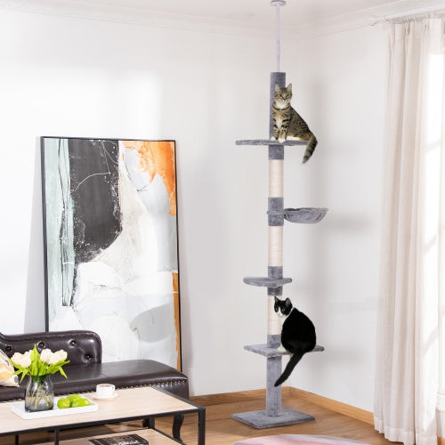 PawHut 9' Adjustable Height Floor-To-Ceiling Vertical Cat Tree - Grey And White - DropOnline.co