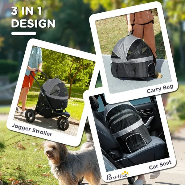 3 In 1 Pet Jogging Stroller For Small Dogs And Cats With Detachable Carrier, Storage Basket, Gray - DropOnline.co