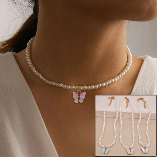Elegant White Pearl Choker Necklace - Small Round Pearl Wedding Butterfly Necklace - DropOnline.co