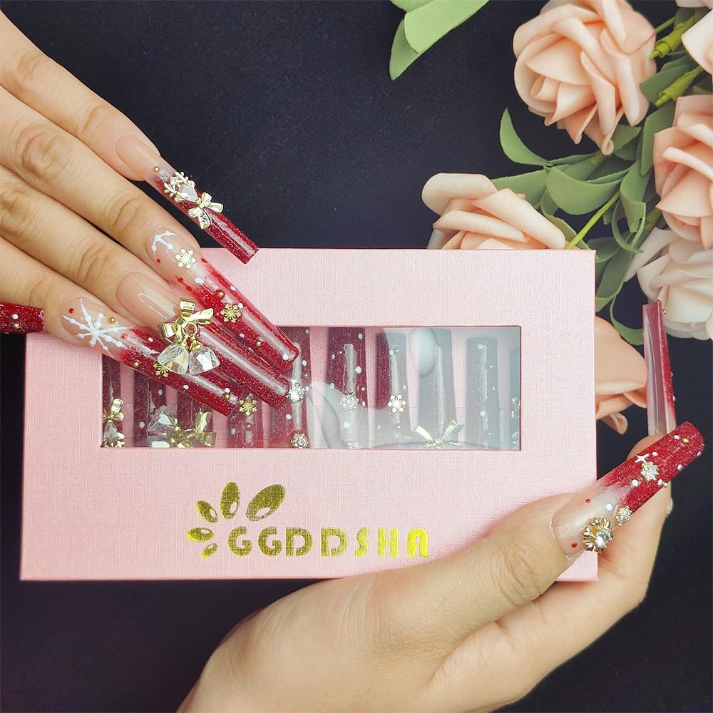 GGddsha Long Handmade PMMA Acrylic Nails Red WithSnowflake Rhinestone Bell Design Reusable Full CoverageFalse Nail Ladies False Nail Set,Lumiere Neige - DropOnline.co