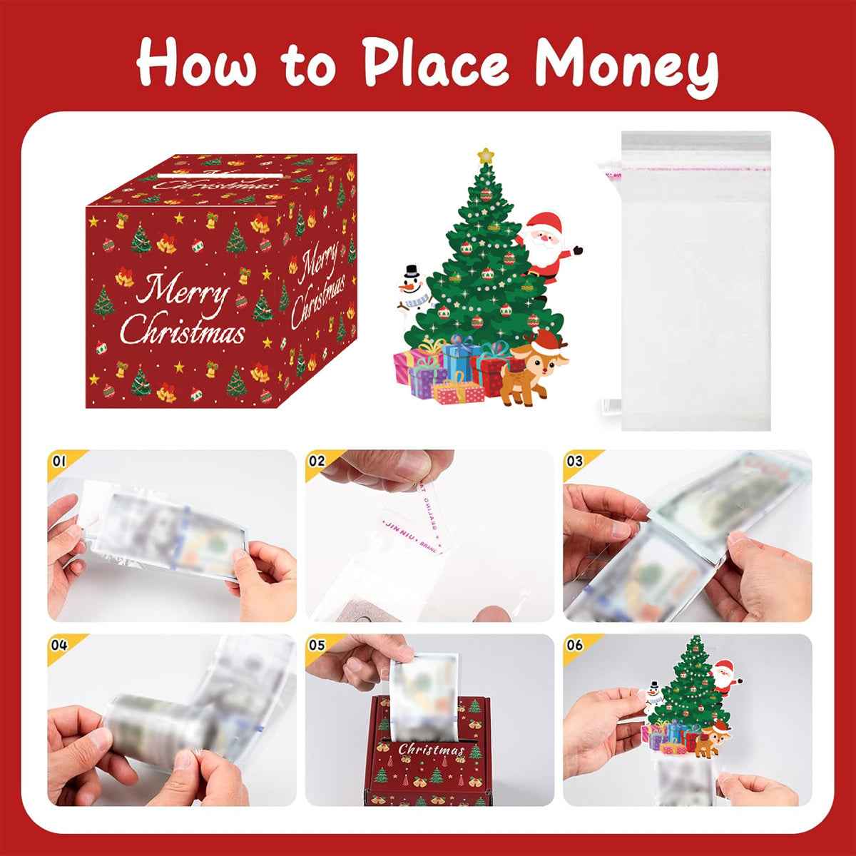 Christmas Money Box Pull Surprise - Cash Gift Holder with Tree Card & Transparent Bags - DropOnline.co