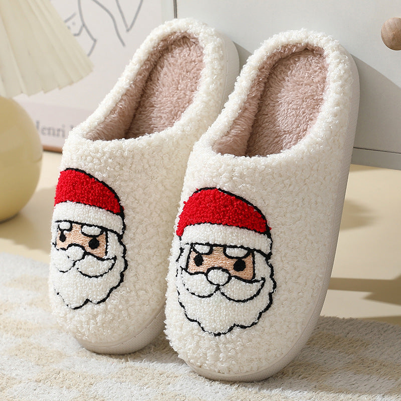 Christmas Home Slippers Cute Cartoon Santa Claus Cotton Slippers For Women And Men Couples Winter Warm Furry Shoes - DropOnline.co