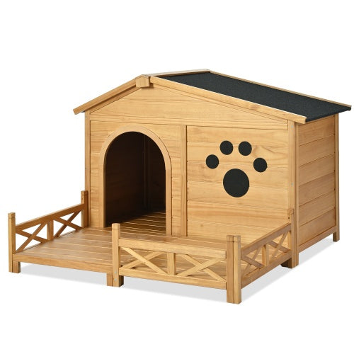 48 Wooden Dog House Outdoor With Porch, Dog Kennel With Water-Resistant Asphalt Roof And Fencing,Indoor & Outdoor Dog Crate With Paw Print, Medium, Nature - DropOnline.co