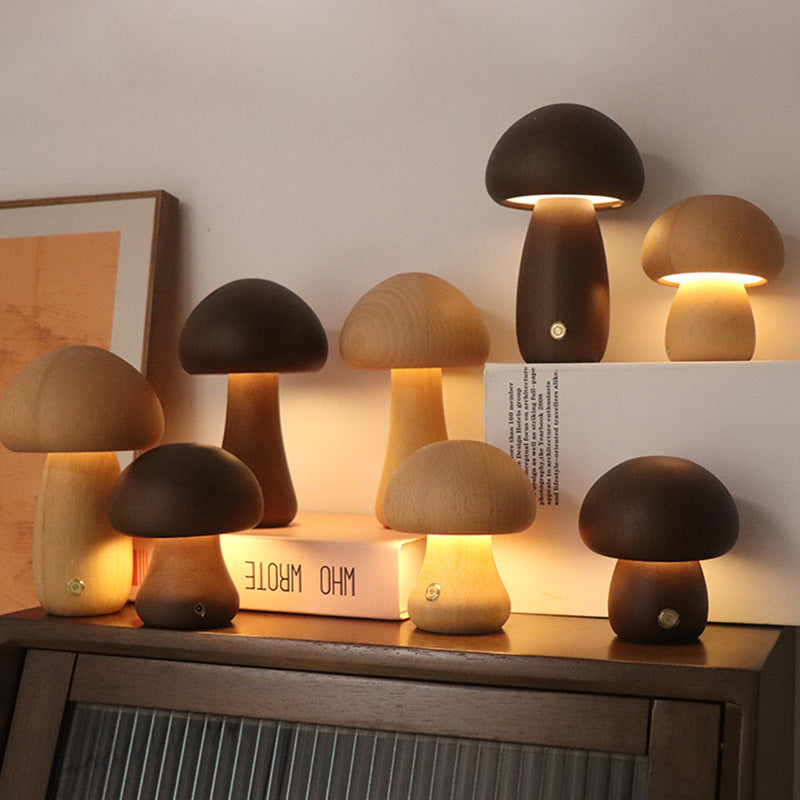 INS Wooden Cute Mushroom LED Night Light - Touch Switch Bedside Table Lamp for Bedroom - DropOnline.co