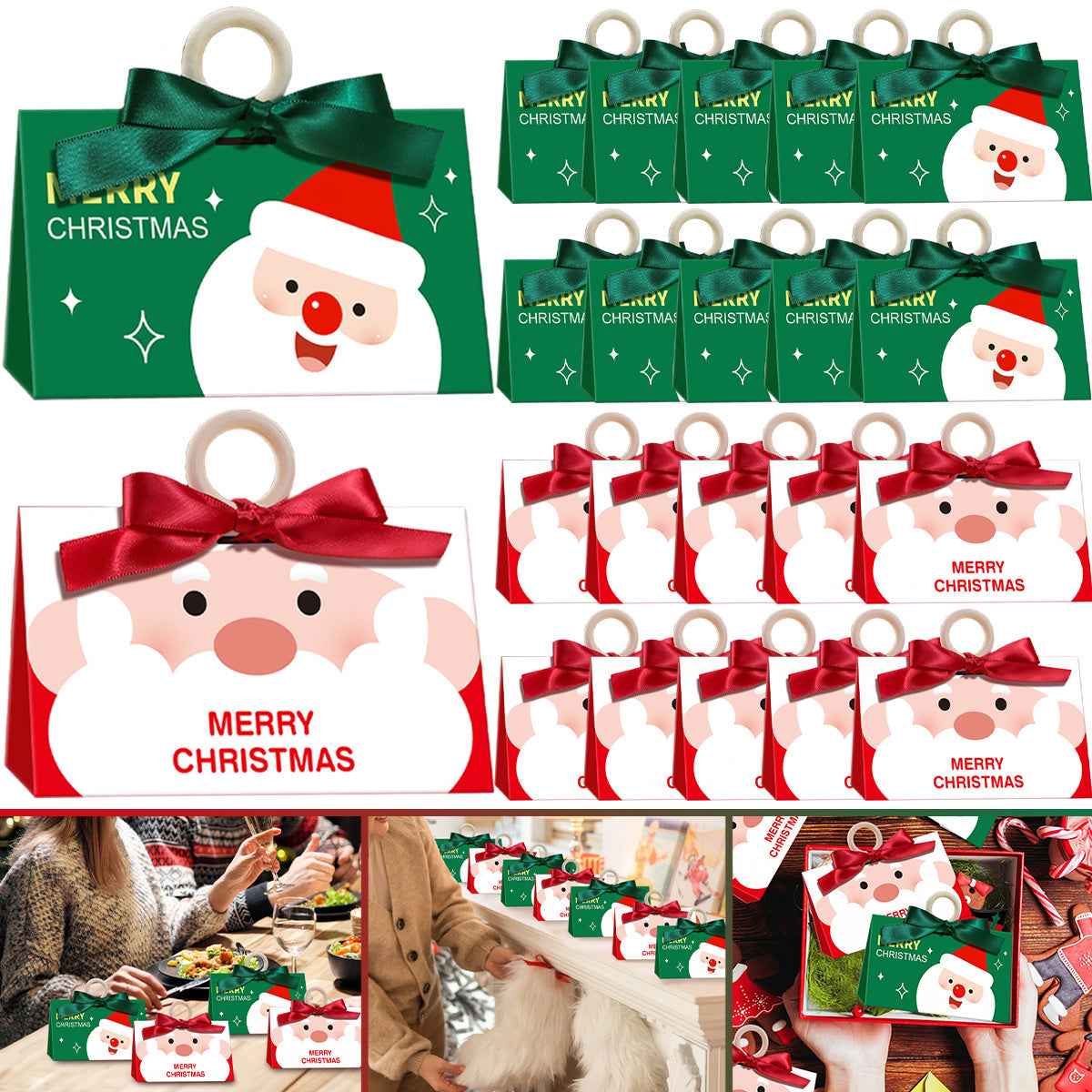 10 Pack Christmas Candy Boxes with Ribbon & Wooden Ring - Santa Pattern Treat Boxes - DropOnline.co
