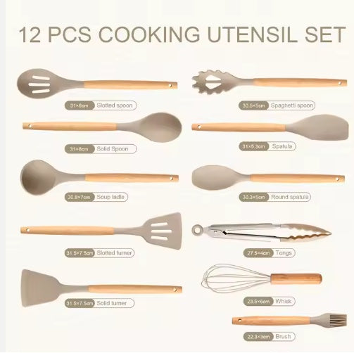 Non-Stick Silicon 12 Pcs Heat Resistant Wooden Handle Kitchen Cooking Utensils Set, Khaki Color - DropOnline.co