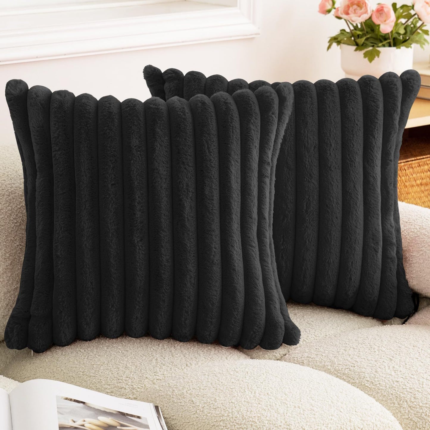 Rabbit Fur Solid Color Vertical Bar Plush Square Cushion Cover - DropOnline.co