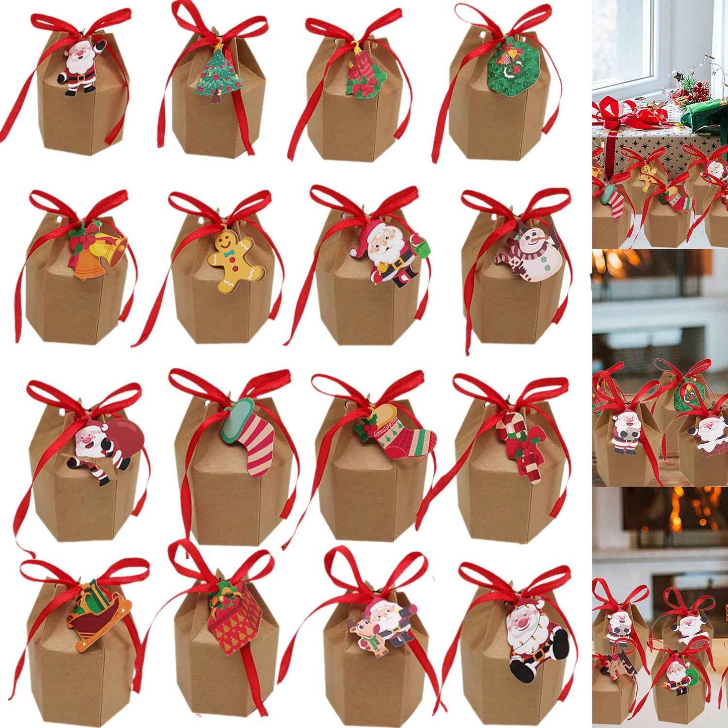 24 Pcs Christmas Treat Boxes with Cards & Ribbon - Xmas Tree Santa Kraft Paper - DropOnline.co