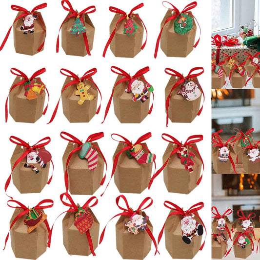 24 Pcs Christmas Treat Boxes with Cards & Ribbon - Xmas Tree Santa Kraft Paper - DropOnline.co