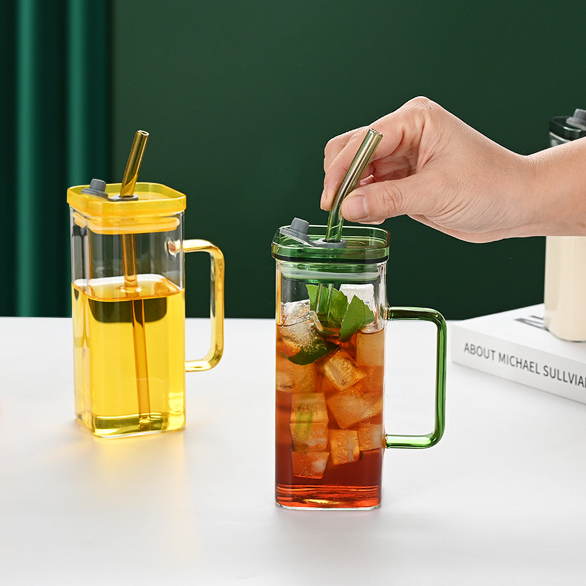 1 Pcs Green Glass Straw Cup, 6 Colors Square Glass Cup With Straw And Lid, High Borosilicate Glass Cup, Milk Cup, Juice Cup, Cold Drink Cup, Coffee Cup, Tea Cup, Office Cup, Gift Cup - DropOnline.co