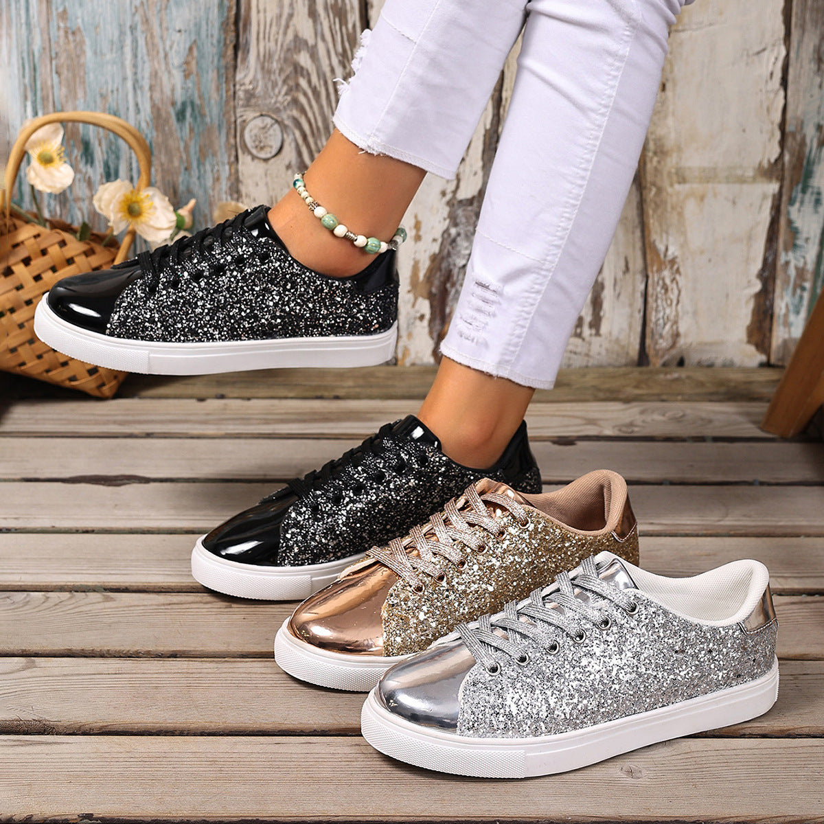 Plus Size Sequined Front Lace-up Solid Color Plus Size Board Shoes - DropOnline.co