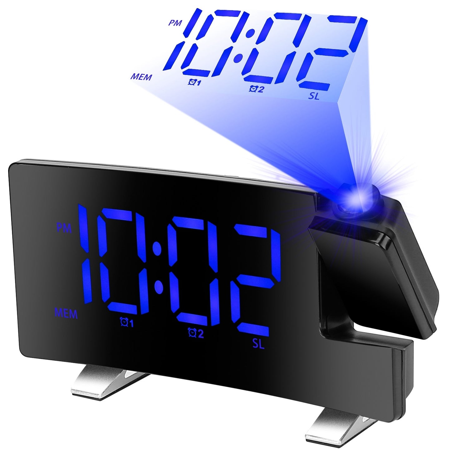 1Pc Projection Alarm Clock With Radio Function Curved Screen LED Digital Alarm Clock With Dual Alarms 4 Dimmer 12-24 Hour USB Charging Port 180Degree Rotatable Projection - DropOnline.co