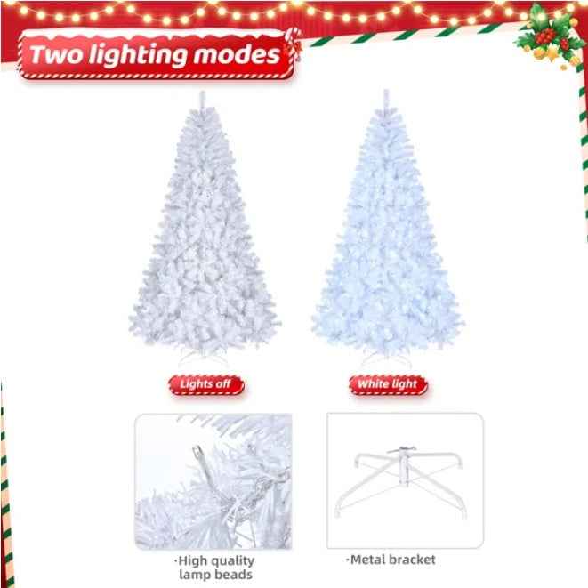 7ft White Pre-Lit Christmas Tree - 1346 Branches with 500 LED Lights & 8 Modes - DropOnline.co