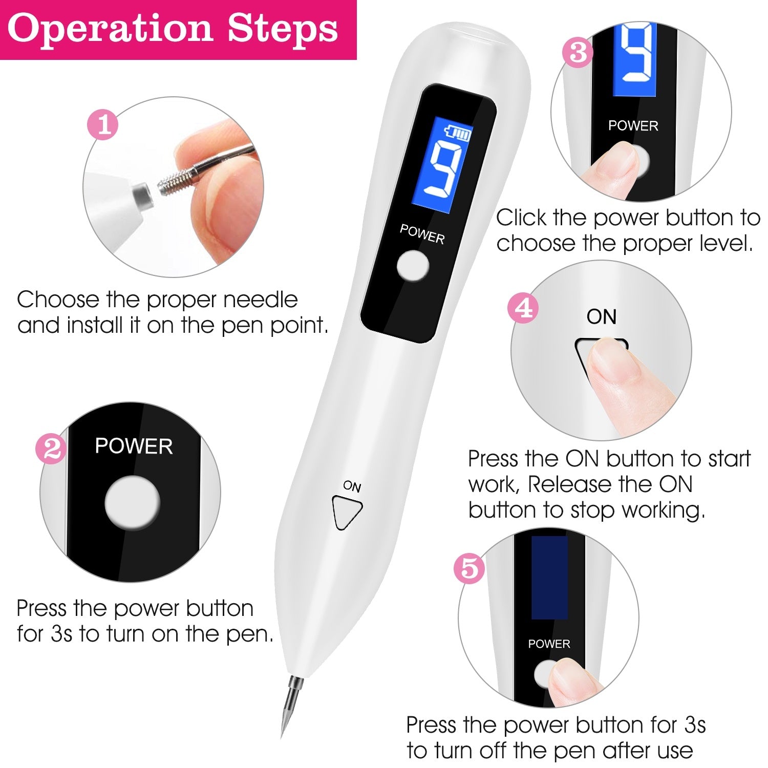 Skin Tag Repair Kit Portable Beauty Equipment Multi-Level With Home Usage USB Charging LCD Level Adjustable 6 Replaceable Needles - DropOnline.co