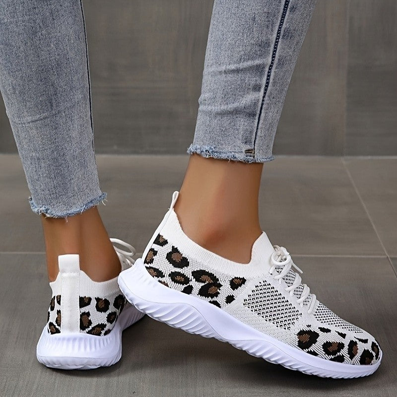 White Shoes Women Leopard Print Lace-up Sneakers Sports - DropOnline.co