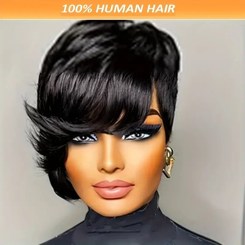 Straight Black Elegant 8 PixieCut Wig For Women -Glueless Human Hairwith Long Bangs, Everyday Style Wig L SleekShort Wig   Wig Accessories - DropOnline.co