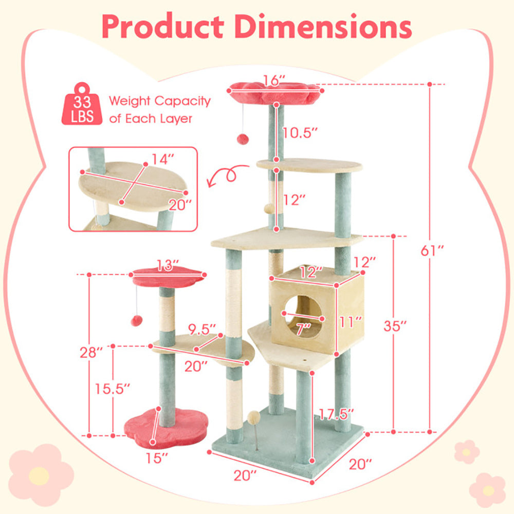 61 Inch Multi-Level Aesthetic Floral Kitten Tower With Flower-Shaped Padded Perch - DropOnline.co