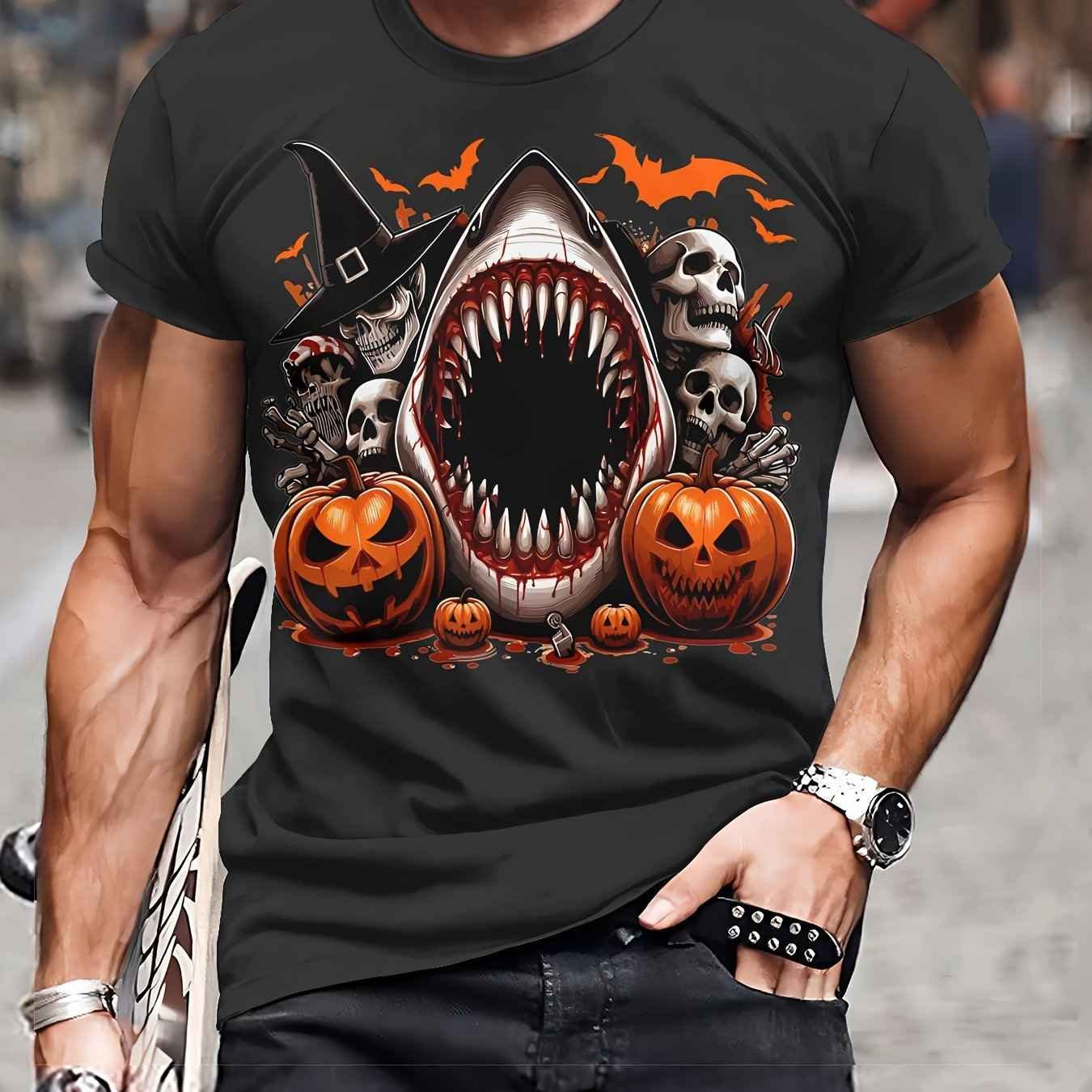 Men's 3D Shark & Halloween Pumpkin T-Shirt - Casual Polyester Graphic Tee