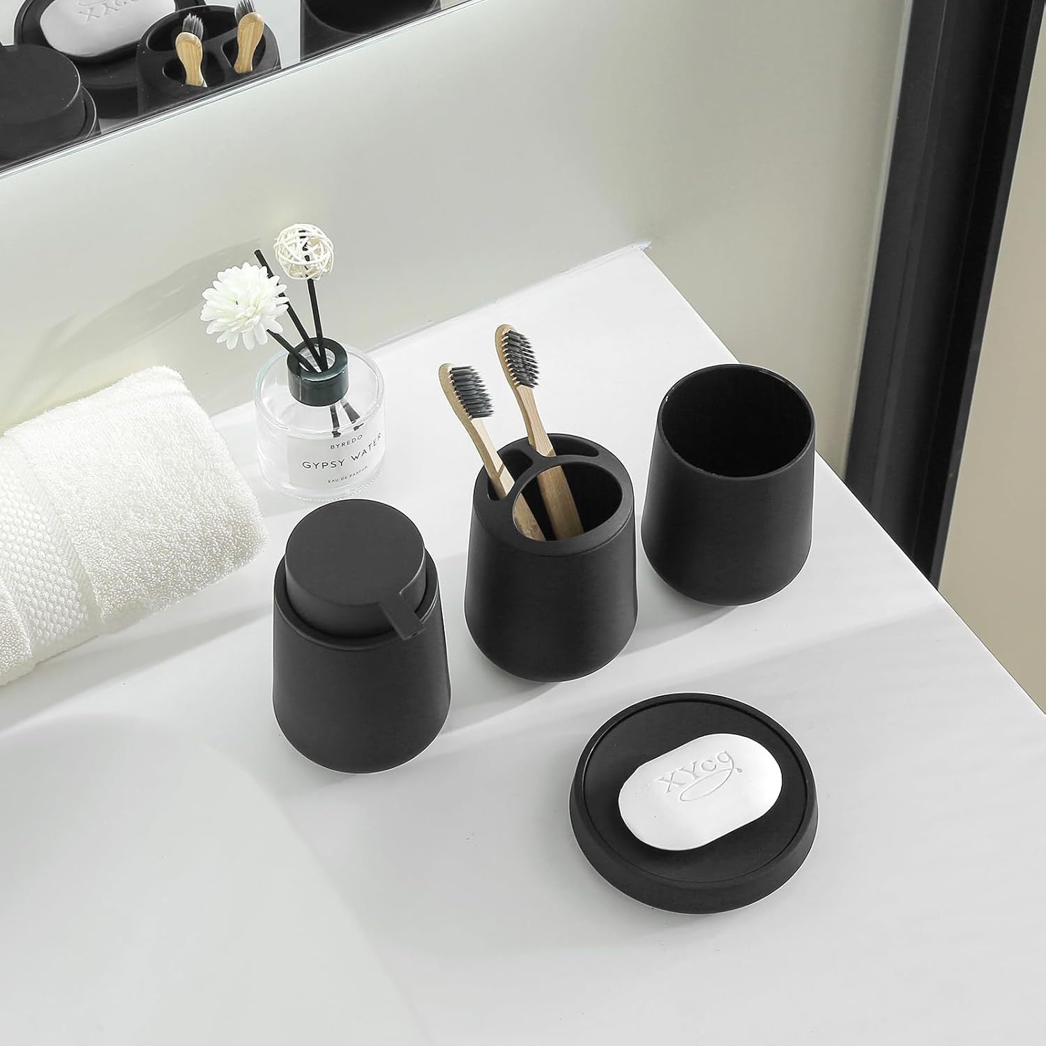 Matte Black Bathroom Accessories Set Plastic Soap Dispenser Toothbrush Holder Cup Soap Dish For Modern Bathroom Decor - DropOnline.co